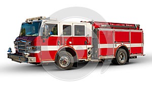 Firetruck or Red Fire engine. American fire truck on white isolated background. Emergency vehicle. Real full size car.