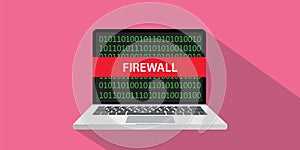 Firewall concept illustration with laptop comuputer and text banner on screen with flat style and long shadow
