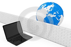 Firewall Concept. Laptop Security by Firewall in Global Network.