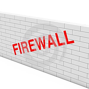 Firewall Concept. White Brick Wall with Firewall Sign. 3d Render
