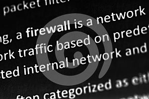 Firewall explanation or description in dictionary or article. Firewall is a defensive computer system against network attacks.