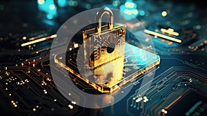 Firewall lock on mainboard.Computer security concept. Padlock on computer circuit board