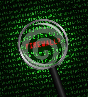 FIREWALL? in red revealed in green computer machine code through a magnifying glass