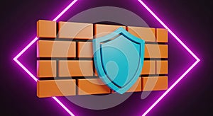 Firewall Security Concept with 3D Brick Wall and Blue Shield in Neon Light