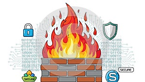 Firewall Security Concept with Fire and Digital Code Background