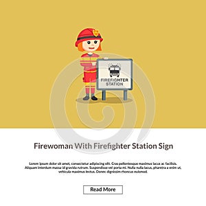 Firewoman with firefighter station sign information
