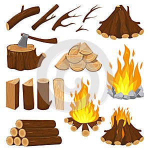Firewood boards. Fireplace fire wood, burning wooden stack and blazing bonfire. Campfire logging pile cartoon vector
