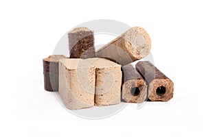 Firewood briquettes, white background,