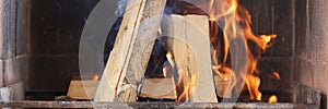 Firewood is burning in fireplace behind metal grate closeup