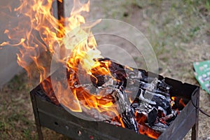 Firewood burning in the grill