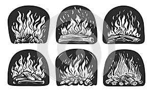 Firewood burns in oven. Fire in fireplace. Bakery, grilled food symbol or badge set. Vector illustration