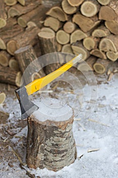 Firewood chopping workplace with axes close-up. Left outside too