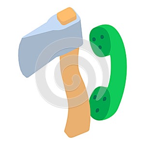 Firewood cutting icon isometric vector. Green retro telephone receiver and an ax