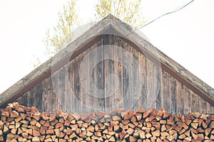 Firewood or fuelwood construction background. Forest timber energy