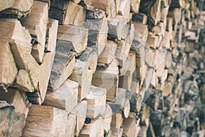 Firewood or fuelwood construction background. Forest timber energy