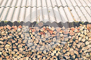 Firewood or fuelwood construction background. Forest timber energy