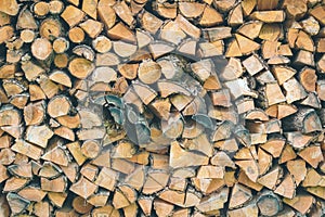 Firewood or fuelwood construction background. Forest timber energy