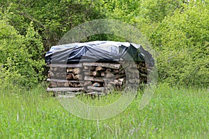 Firewood for furnace closed with film from rain