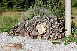 Firewood left to dry next to strong concrete utility pole surrounded with gravel and forest in background