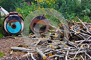 Firewood piled a heap in a field