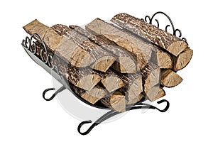 Firewood stack in cast iron grate, 3D rendering