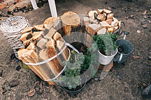 Firewood stack for Christmas fire on the backyard