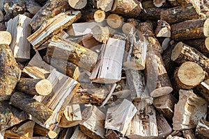 A firewood stacked in a pile, lying in the sun, close up shot, wooden background, isolated on a white background witha a clipping photo