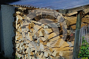 Firewood stacked in piles outside house