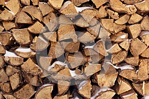 Firewood is stacked in a woodpile, background and texture.