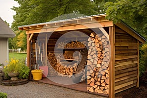 firewood storage shed filled with various wood types