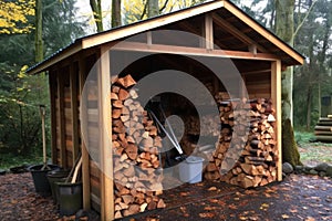 firewood storage shed filled with various wood types