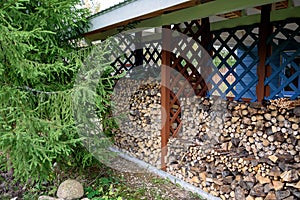 Firewood of various tree species is stored in the woodshed. Concept of country life