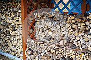 Firewood of various tree species is stored in the woodshed. Concept of country life.