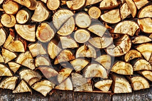 Firewood for the winter. Firewood for barbecue. A background made of wood. Cut and chopped logs with ready-made pieces of wood for