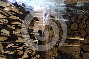 firewood in the woodshed for the fireplace