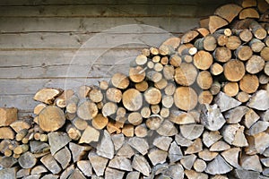 Firewoods stacked at the rustic wooden wall