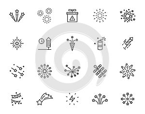 Firework celebrate line icon set. Firecracker vector boom spark effect congratulations firework illustration party icon