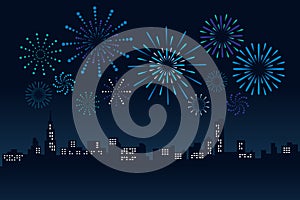 Firework and Cityscape Building in night scene Vector Illustration design photo