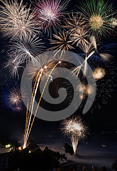 Firework composite over the Rhinefall waterfall