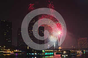 Firework countdown 2014 at chaopraya river view Bangkok Thailand