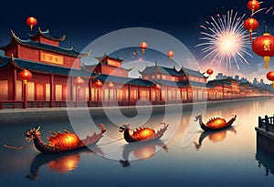a firework display with the three dragon boats on the lake and chinese tradition architecture