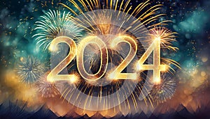 Firework displaying the number 2024. New Year\'s Eve