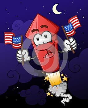 Firework Holding American Flags Cartoon Character