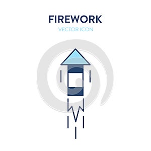 Firework icon. Lighted fireworks flying up into the sky. Vector outline illustration of an ignited pyrotechnic projectile in