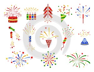 Firework  icon set. Firecracker, petard and stars. Colorful collection
