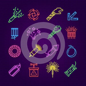 Firework icons. Neon festival dynamite, led party fireworks sign. Glowing festive spark, holiday pyrotechnic line vector photo