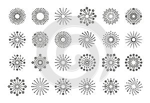 Firework icons set. Line shine explosions. Vector illustration