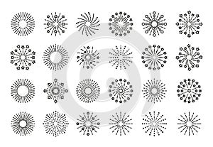 Firework icons. Set outline sparkle explosions. Vector illustration