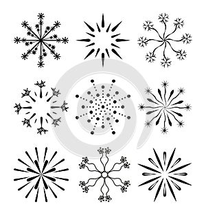 Firework line icon set isolated on white. Different black explosion, firecracker. Jpeg burst pattern