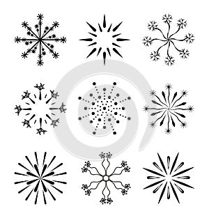 Firework line icon set isolated on white. Different black explosion, firecracker. Vector burst pattern